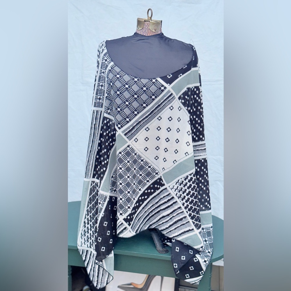 black and white geometric patchwork-print top by unique